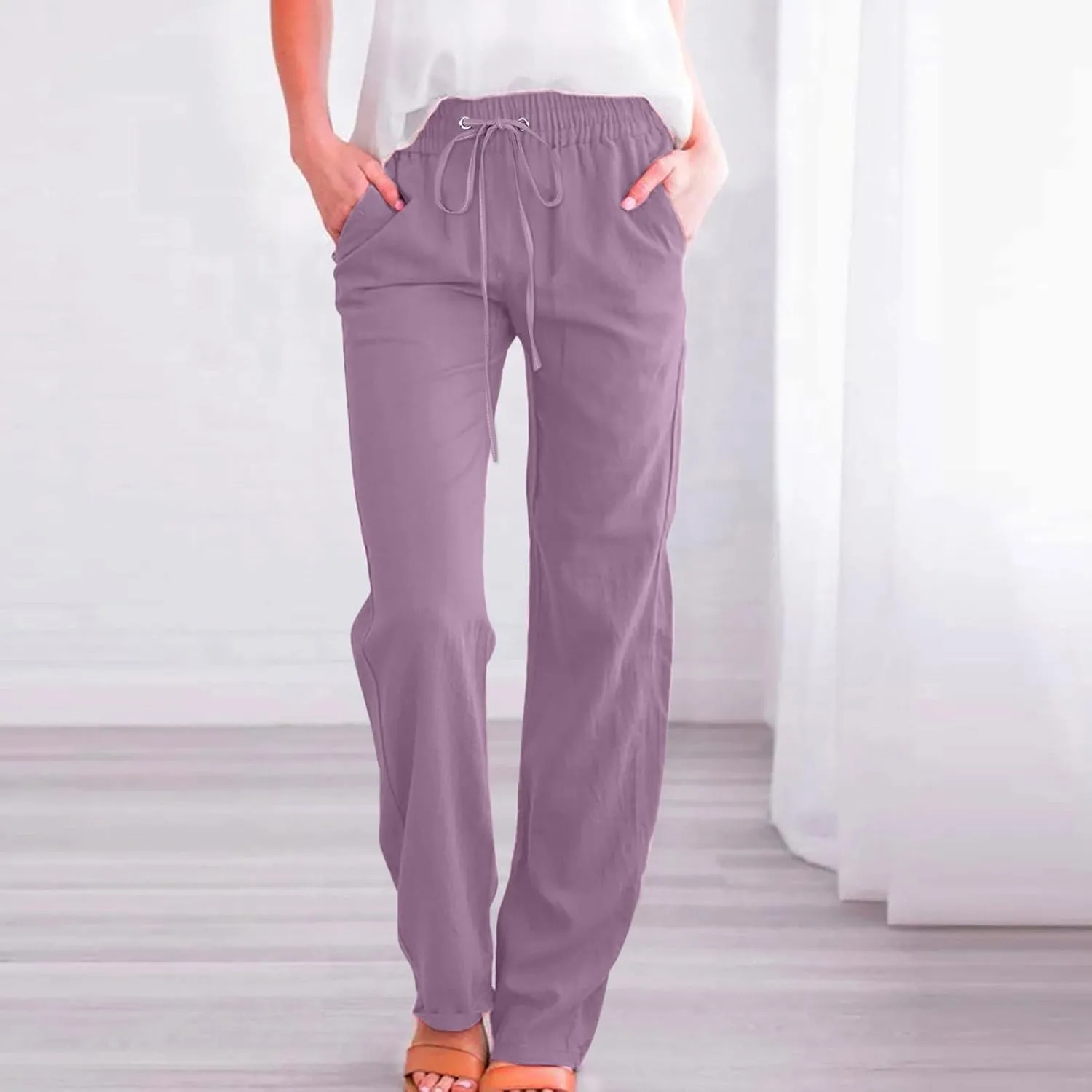 Women's Plus Size Summer Pants Straight Leg Linen Pants High Waisted Pants Loose Beach Pants Casual Vacation Trousers
