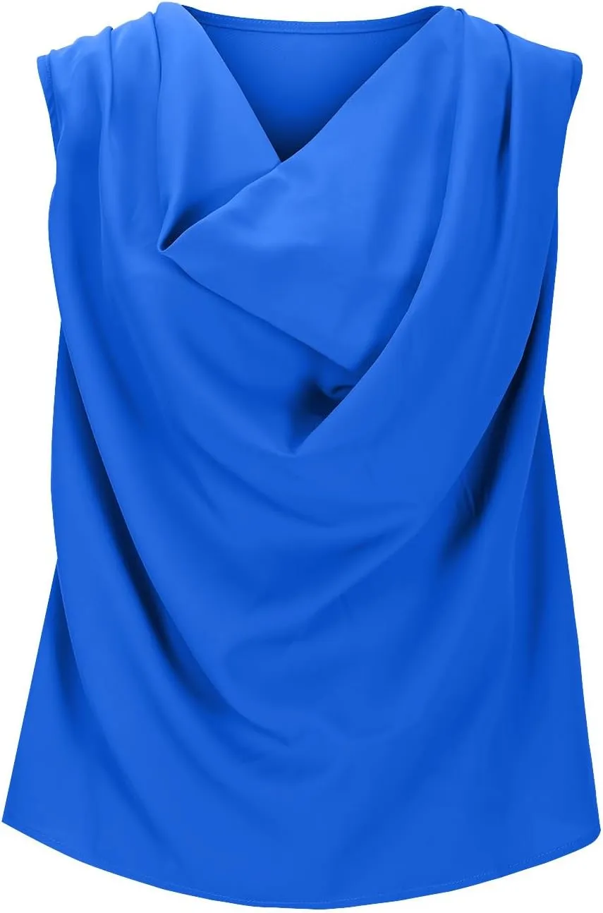 Womens Satin Cowl Neck Tank Tops Fashion Pleated Sleeveless Shirts Summer Trendy Going Out Clothes