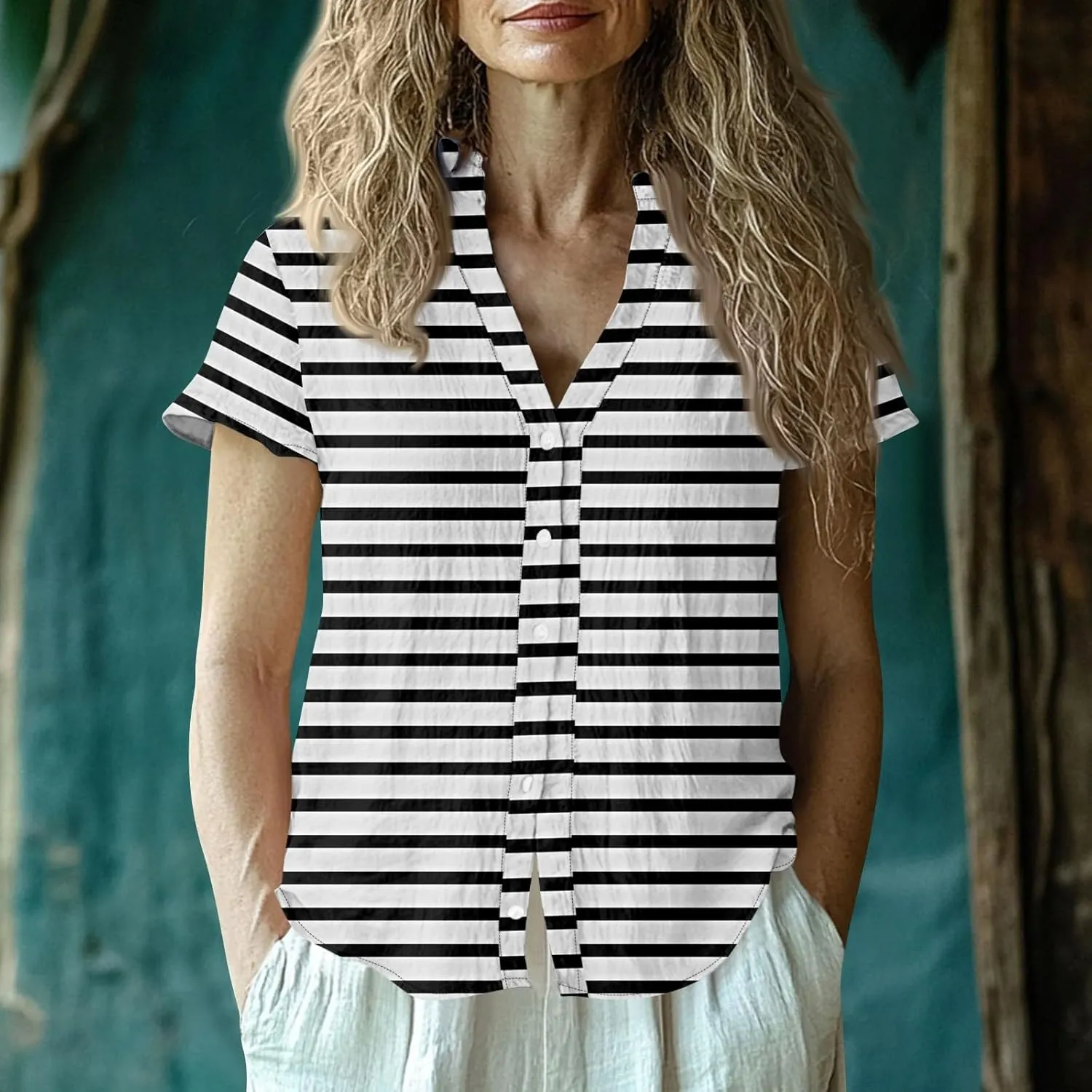 Womens Short Sleeve Casual Print Button Down Shirts Summer Soft Fashion Cotton Linen Blouses Tops Trendy