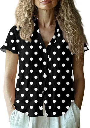 Womens Short Sleeve Casual Print Button Down Shirts Summer Soft Fashion Cotton Linen Blouses Tops Trendy