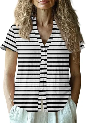 Womens Short Sleeve Casual Print Button Down Shirts Summer Soft Fashion Cotton Linen Blouses Tops Trendy