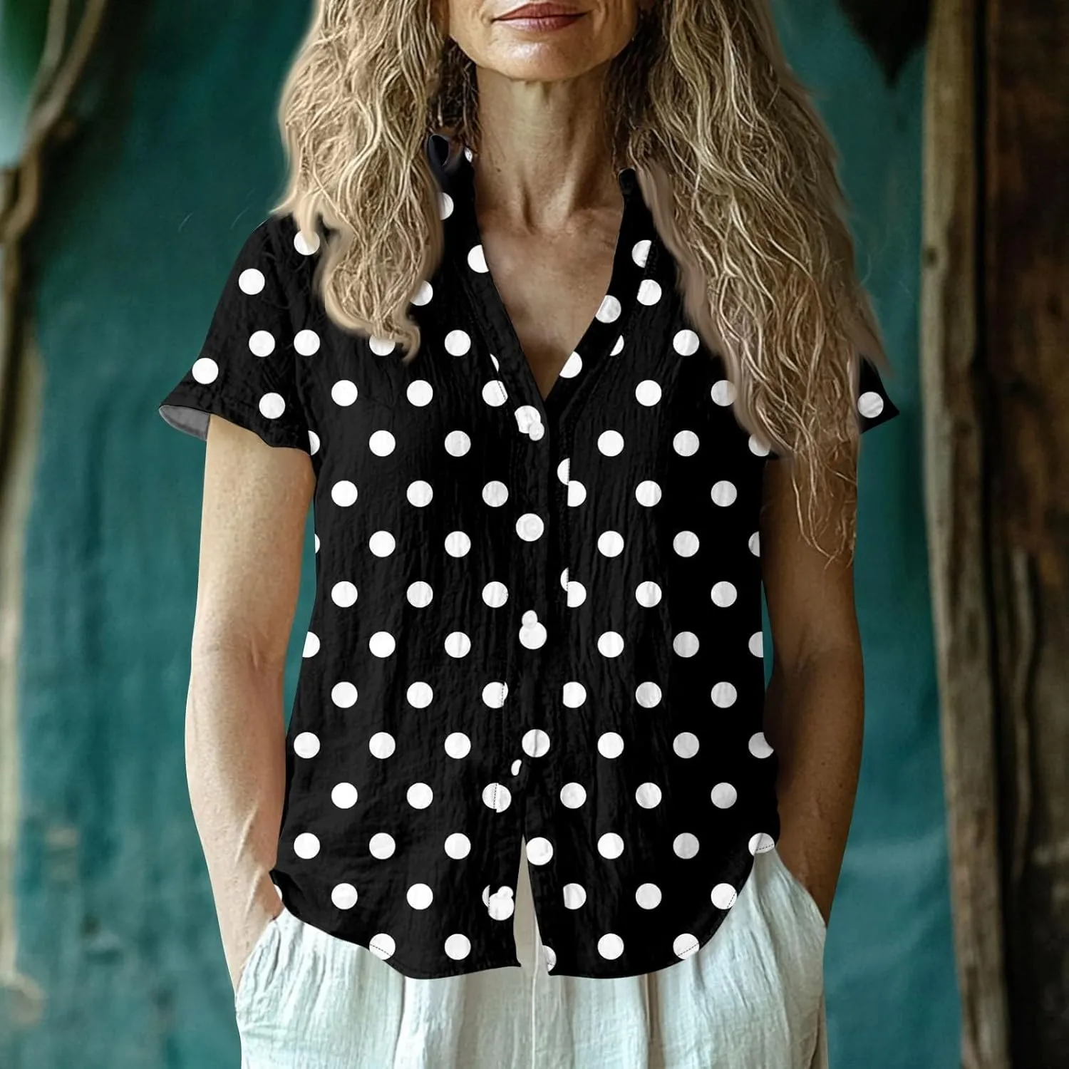 Womens Short Sleeve Casual Print Button Down Shirts Summer Soft Fashion Cotton Linen Blouses Tops Trendy