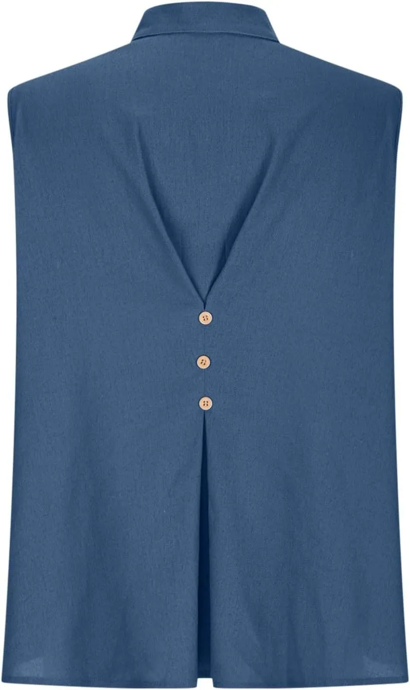 Womens Sleeveless Tops Cotton Linen Loose Fit V-Neck Tank Tops Vintage Country Basic Vacation Blouses