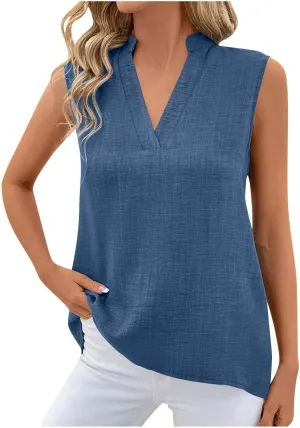 Womens Sleeveless Tops Cotton Linen Loose Fit V-Neck Tank Tops Vintage Country Basic Vacation Blouses