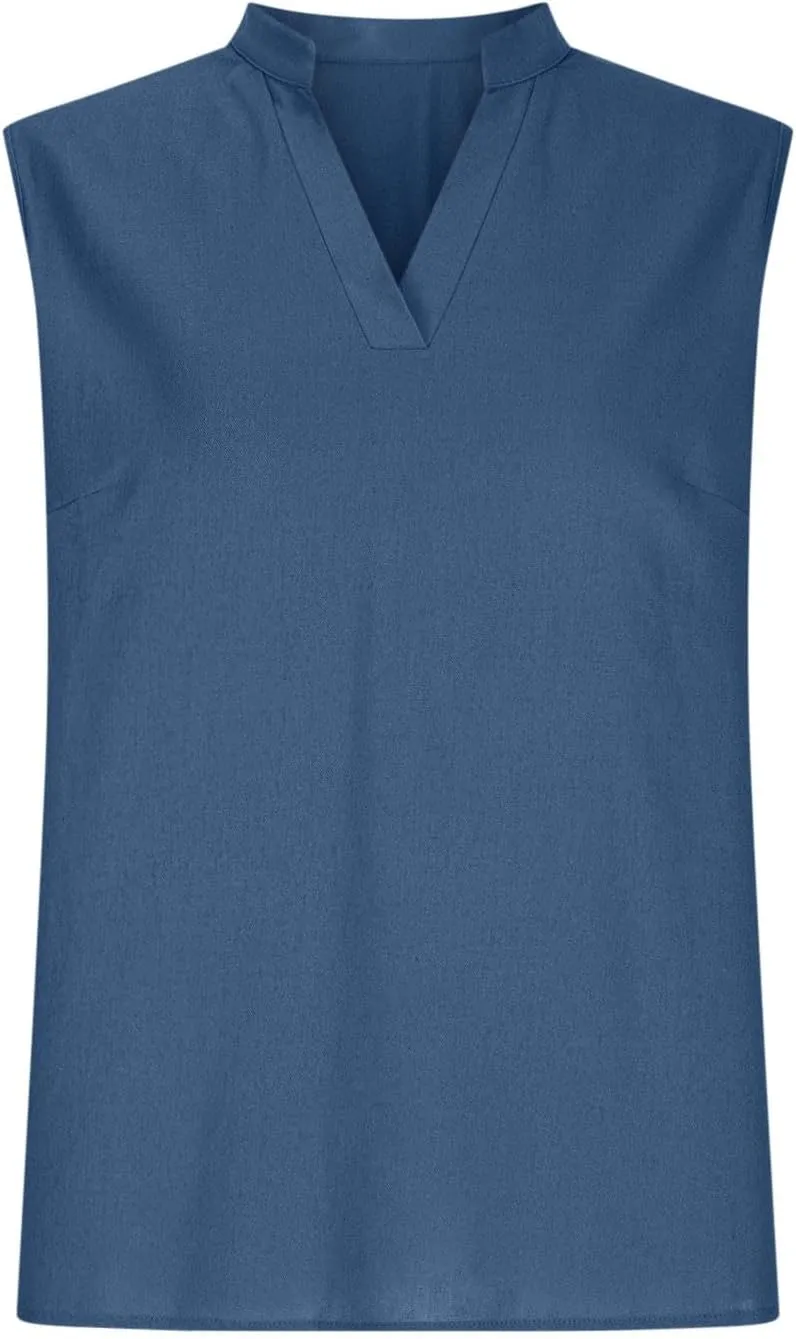 Womens Sleeveless Tops Cotton Linen Loose Fit V-Neck Tank Tops Vintage Country Basic Vacation Blouses