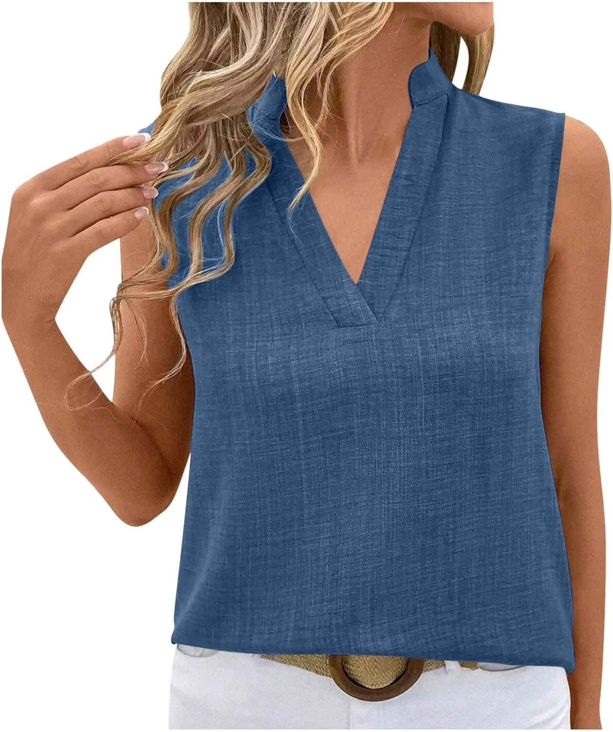 Womens Sleeveless Tops Cotton Linen Loose Fit V-Neck Tank Tops Vintage Country Basic Vacation Blouses