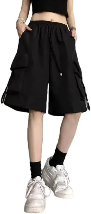 Women's Solid Clothing Cargo Summer Loose Preppy Style Elastic Waist Straight Trousers Ladies Wide Leg Pants
