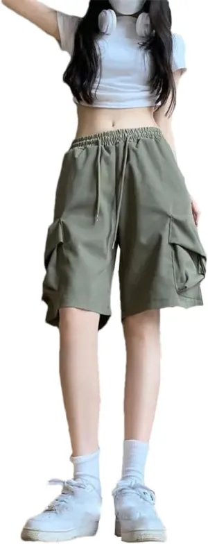 Women's Solid Clothing Cargo Summer Loose Preppy Style Elastic Waist Straight Trousers Ladies Wide Leg Pants