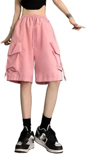 Women's Solid Clothing Cargo Summer Loose Preppy Style Elastic Waist Straight Trousers Ladies Wide Leg Pants