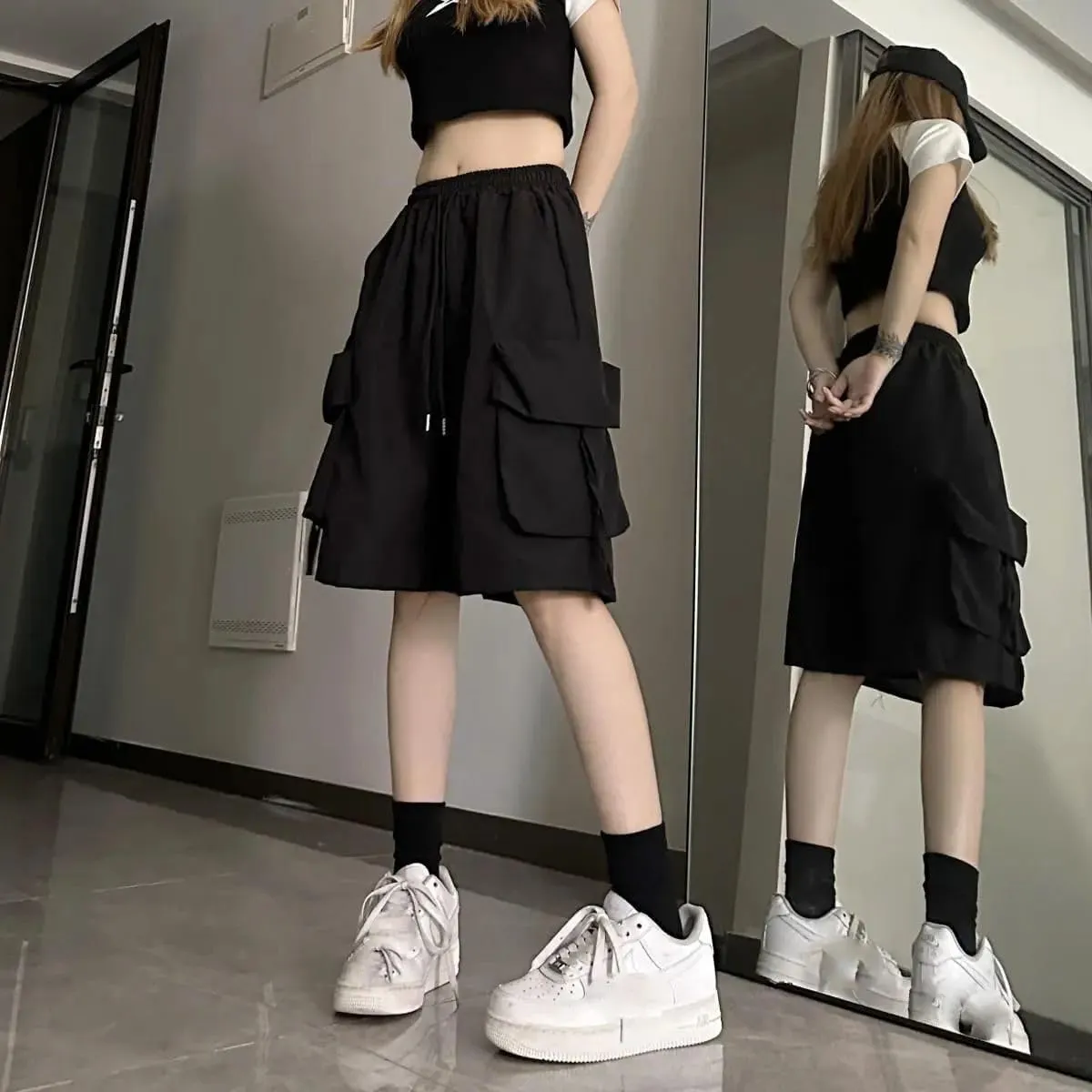 Women's Solid Clothing Cargo Summer Loose Preppy Style Elastic Waist Straight Trousers Ladies Wide Leg Pants