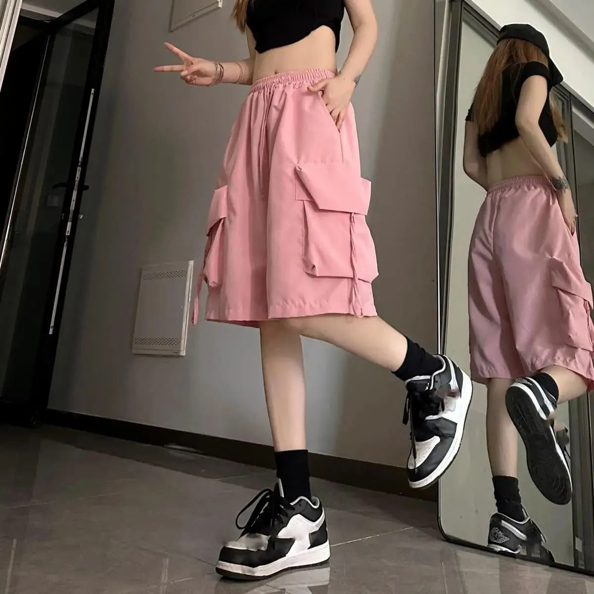 Women's Solid Clothing Cargo Summer Loose Preppy Style Elastic Waist Straight Trousers Ladies Wide Leg Pants