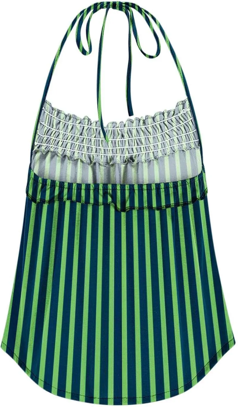 Womens Striped Halter Camisole Cute Sexy Backless Tank Tops Open Back Crop Tops Flowy Vacation Pleated Y2k Tshirts