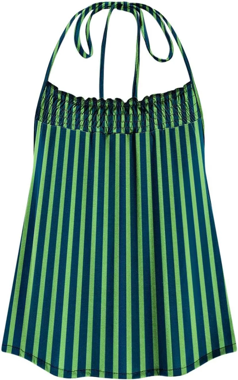 Womens Striped Halter Camisole Cute Sexy Backless Tank Tops Open Back Crop Tops Flowy Vacation Pleated Y2k Tshirts