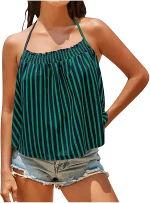 Womens Striped Halter Camisole Cute Sexy Backless Tank Tops Open Back Crop Tops Flowy Vacation Pleated Y2k Tshirts