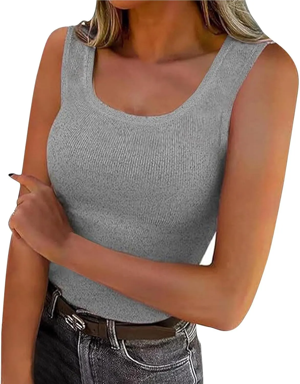 Women's Summer Ribbed Tank Tops Sleeveless Crew Neck Fitted Basic Cami Top Loose Fit Beach Vacation Outfit