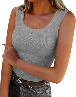 Women's Summer Ribbed Tank Tops Sleeveless Crew Neck Fitted Basic Cami Top Loose Fit Beach Vacation Outfit