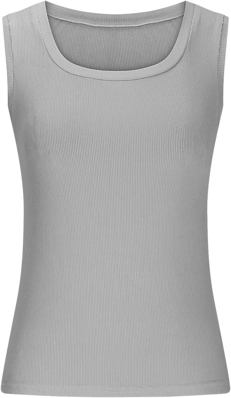 Women's Summer Ribbed Tank Tops Sleeveless Crew Neck Fitted Basic Cami Top Loose Fit Beach Vacation Outfit