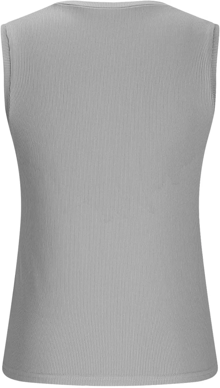 Women's Summer Ribbed Tank Tops Sleeveless Crew Neck Fitted Basic Cami Top Loose Fit Beach Vacation Outfit