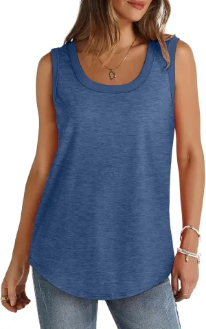 Womens Summer Tank Top Loose Fit Sleeveless Shirts Scoop Neck Ribbed Trim Tunic Blouse with Curved Hem