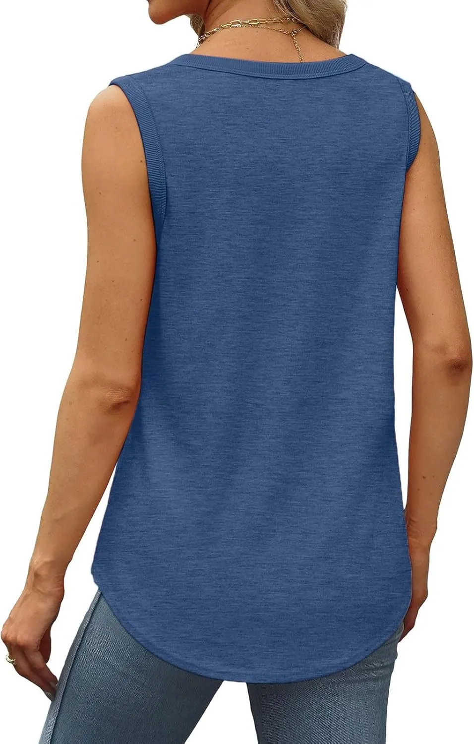 Womens Summer Tank Top Loose Fit Sleeveless Shirts Scoop Neck Ribbed Trim Tunic Blouse with Curved Hem