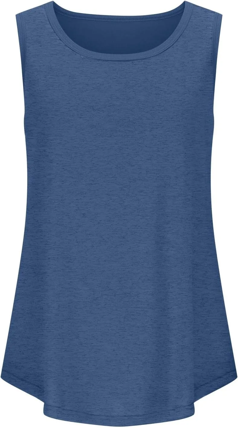 Womens Summer Tank Top Loose Fit Sleeveless Shirts Scoop Neck Ribbed Trim Tunic Blouse with Curved Hem
