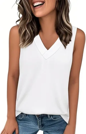 Womens Summer Tank Top Solid Color 2025 Vacation Sleeveless V Neck Loose Tee Beach Clothes Fashion Outfits