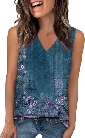 Womens Summer Tank Tops 2025 V Neck Sleeveless Casual Loose Fit T Shirts Fashion Vacation Outfits T-Shirt