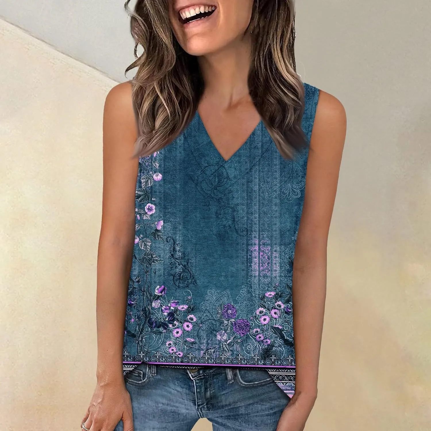 Womens Summer Tank Tops 2025 V Neck Sleeveless Casual Loose Fit T Shirts Fashion Vacation Outfits T-Shirt