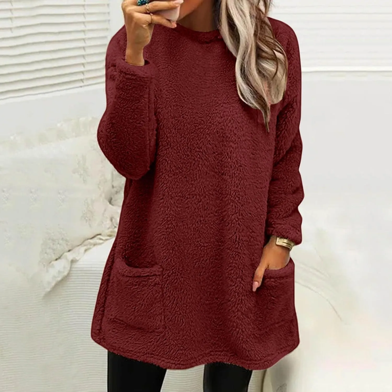 Women's Sweatshirts Fuzzy Fleece hoodie Crew Neck Long Sleeve Sherpa Pullover Tops Warm Soft Winter Fall Blouse