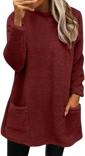 Women's Sweatshirts Fuzzy Fleece hoodie Crew Neck Long Sleeve Sherpa Pullover Tops Warm Soft Winter Fall Blouse