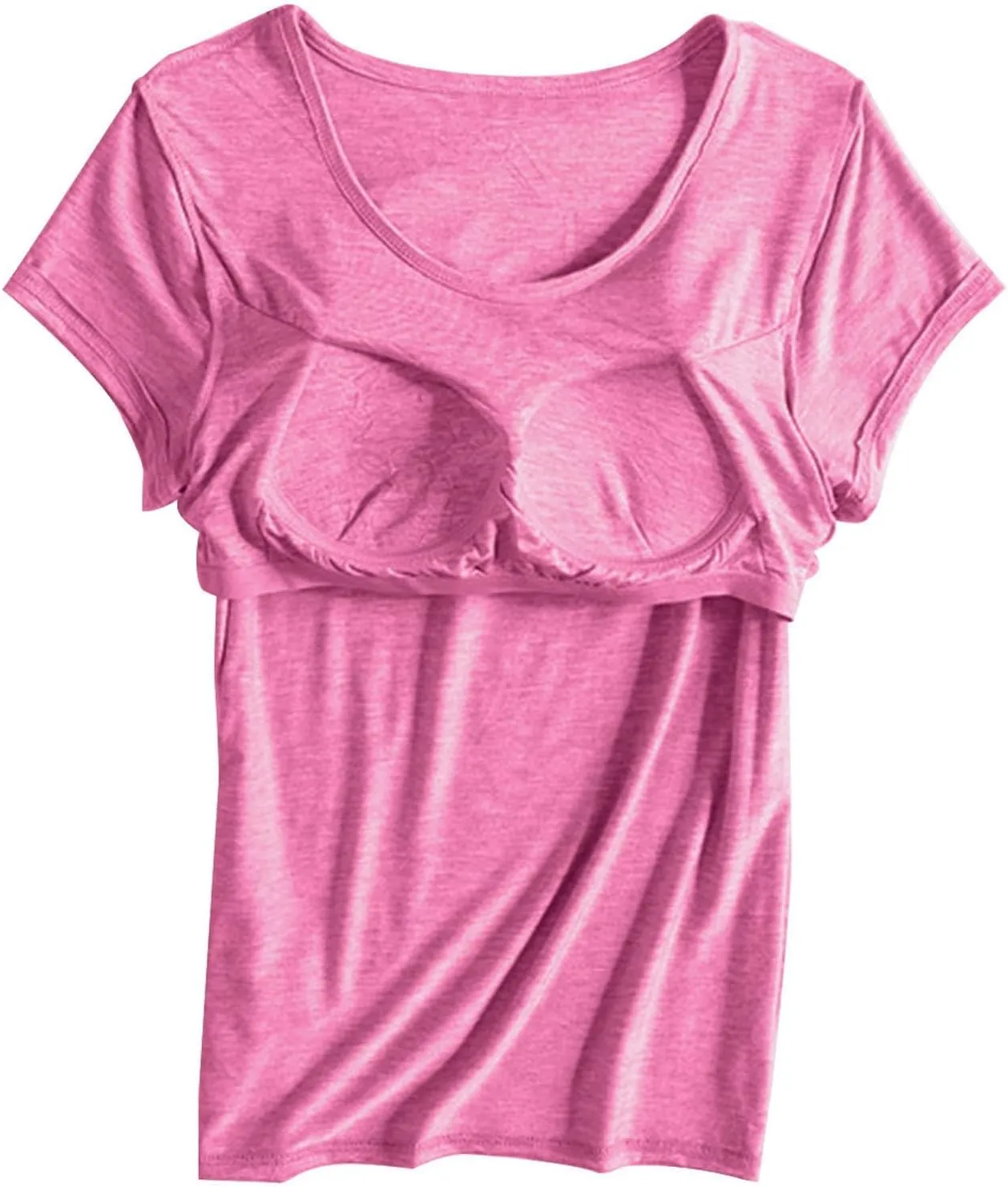 Women's T Shirt with Built-in Bra Short Sleeve Shirts Padded Active Tee Comfy Athletic Shelf Bras Yoga Workout Shirt