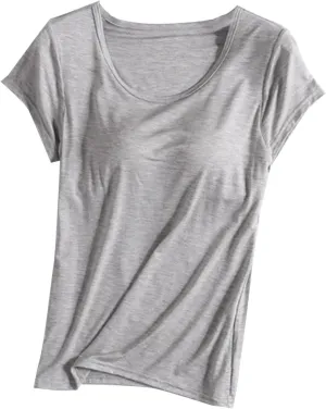 Women's T Shirt with Built-in Bra Short Sleeve Shirts Padded Active Tee Comfy Athletic Shelf Bras Yoga Workout Shirt
