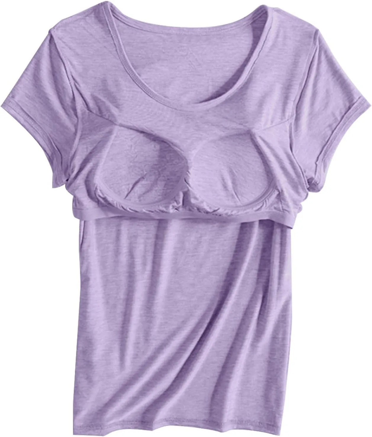 Women's T Shirt with Built-in Bra Short Sleeve Shirts Padded Active Tee Comfy Athletic Shelf Bras Yoga Workout Shirt