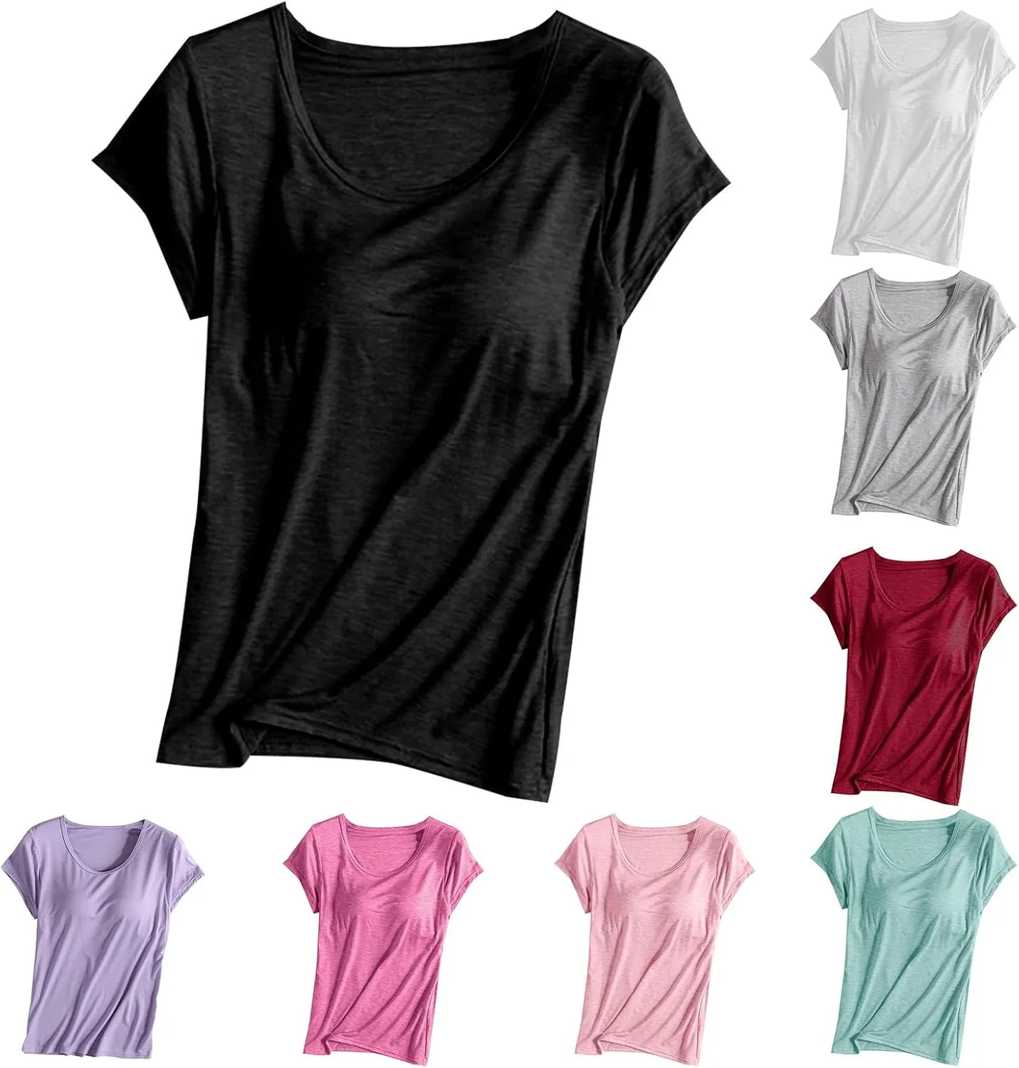 Women's T Shirt with Built-in Bra Short Sleeve Shirts Padded Active Tee Comfy Athletic Shelf Bras Yoga Workout Shirt