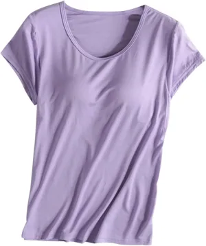 Women's T Shirt with Built-in Bra Short Sleeve Shirts Padded Active Tee Comfy Athletic Shelf Bras Yoga Workout Shirt