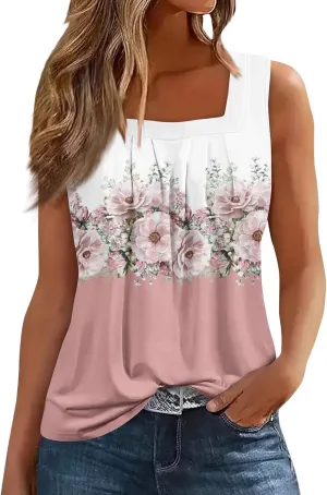 Womens Tops 2025 Square Neck Sleeveless Casual Tunic Tees Trendy Floral Print Loose Soft Comfy Summer Shirts