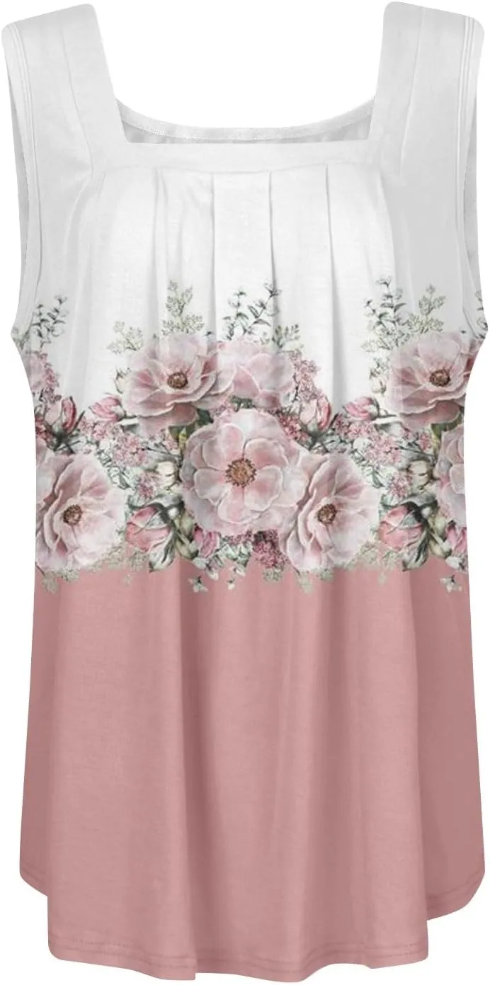 Womens Tops 2025 Square Neck Sleeveless Casual Tunic Tees Trendy Floral Print Loose Soft Comfy Summer Shirts