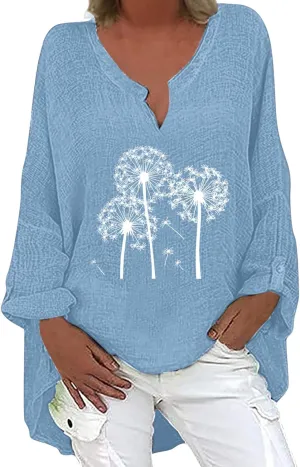 Women's Tunic Blouse Tops Fashion Plus Size Solid Cotton Linen Loose Casual Long Sleeve V-Neck Tees Shirts Pullover