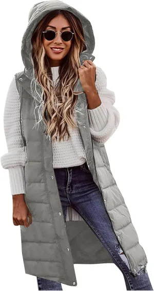 Womens Vest Winter Fashion Long Puffer Down Jacket Casual Plus Size Sleeveless Coat Zip Up Hoodie Cardigan Oversized Cotton Padded Outerwear Lightweight Quilted Waistcoat(B Gray,Large)