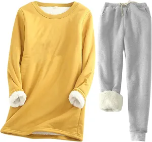 Women's Winter Warm Pajamas Sets Fleece Long Sleeve Thermal Top Fleece Joggers Loungewear Sleepwear Thermal Sets