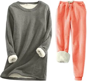 Women's Winter Warm Pajamas Sets Fleece Long Sleeve Thermal Top Fleece Joggers Loungewear Sleepwear Thermal Sets