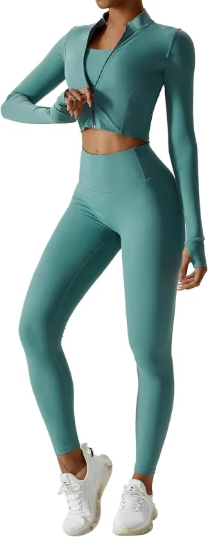 Workout Sets for Women 3 Piece High Waisted Seamless Leggings Crop Top Jacket Gym Yoga Outfit Stretchy Sports Bra Sets
