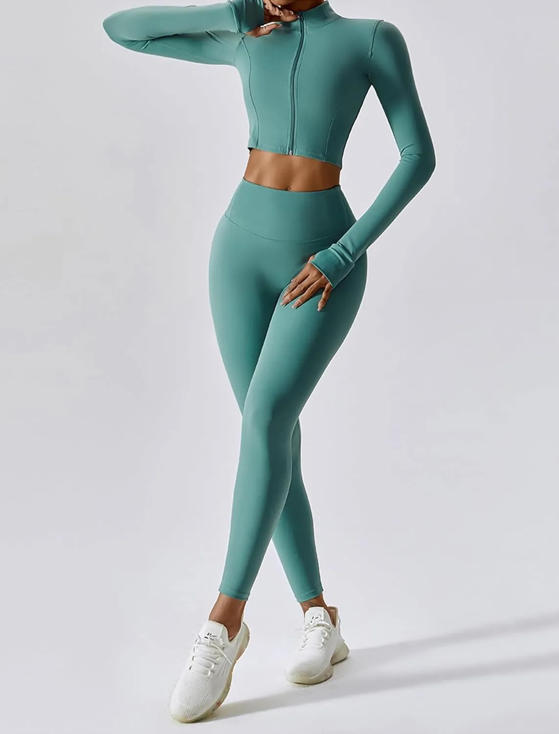 Workout Sets for Women 3 Piece High Waisted Seamless Leggings Crop Top Jacket Gym Yoga Outfit Stretchy Sports Bra Sets