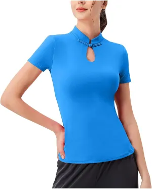 Workout Tops for Women Vintage Mandarin Collar Quick Dry Slim Fitted T Shirt Outdoor Yoga Running Hiking Gym Tee Top