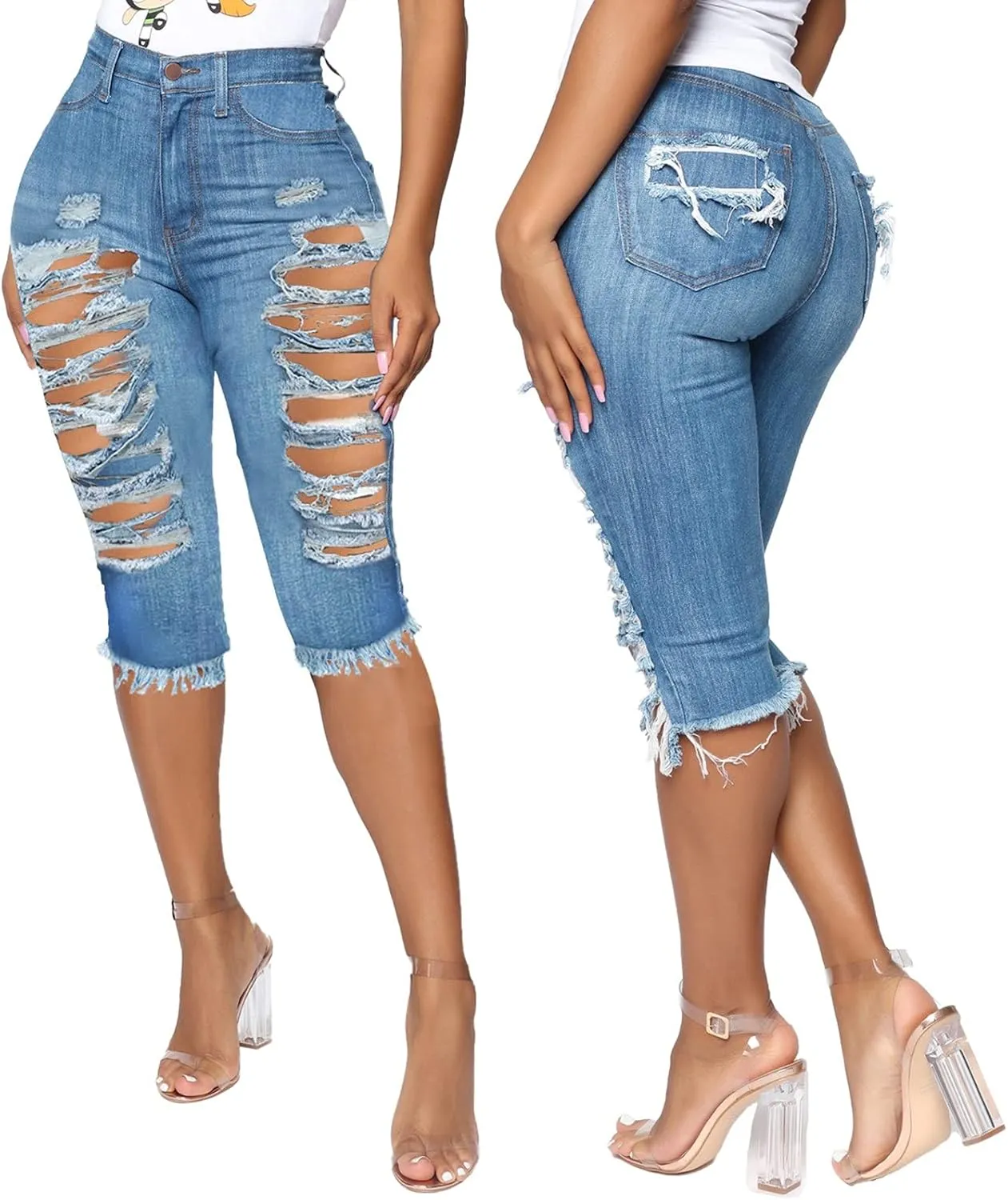 WUAI Bermuda Shorts for Women Knee Length Biker Denim Shorts Distressed Stretchy Curvy Ripped Jeans Shorts Plus Size