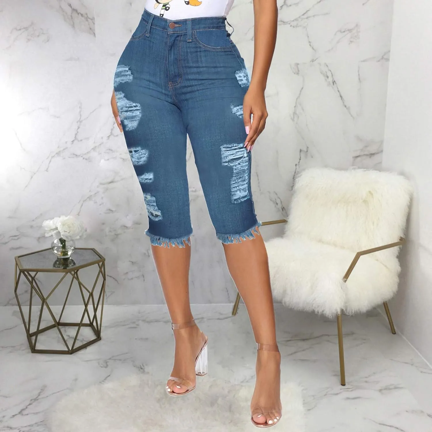 WUAI Bermuda Shorts for Women Knee Length Biker Denim Shorts Distressed Stretchy Curvy Ripped Jeans Shorts Plus Size