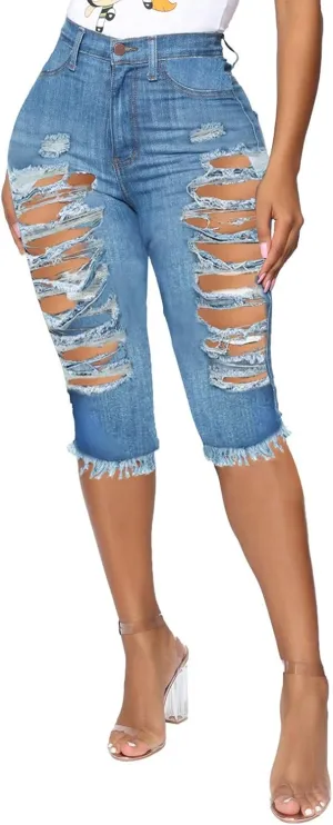 WUAI Bermuda Shorts for Women Knee Length Biker Denim Shorts Distressed Stretchy Curvy Ripped Jeans Shorts Plus Size