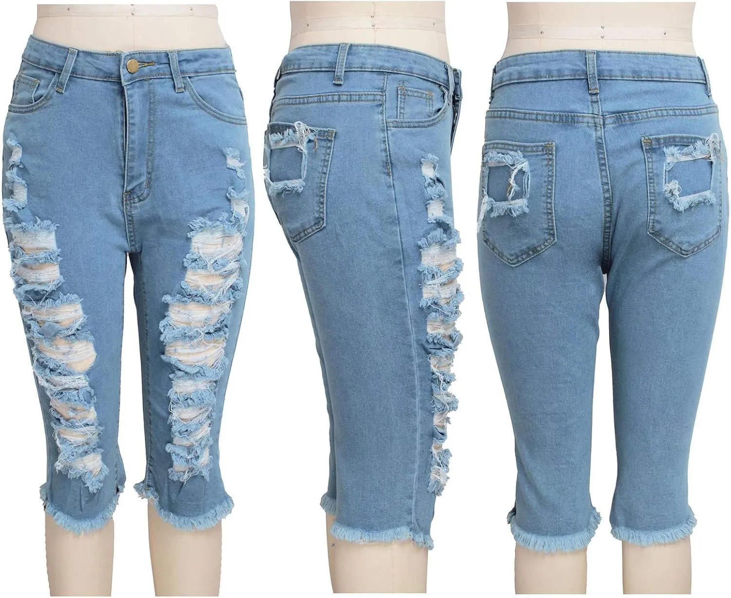 WUAI Bermuda Shorts for Women Knee Length Biker Denim Shorts Distressed Stretchy Curvy Ripped Jeans Shorts Plus Size