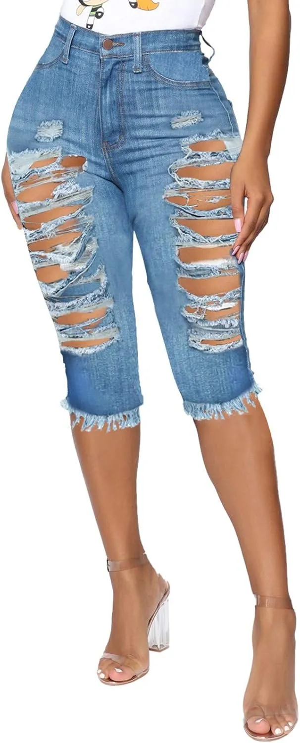 WUAI Bermuda Shorts for Women Knee Length Biker Denim Shorts Distressed Stretchy Curvy Ripped Jeans Shorts Plus Size