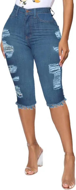 WUAI Bermuda Shorts for Women Knee Length Biker Denim Shorts Distressed Stretchy Curvy Ripped Jeans Shorts Plus Size